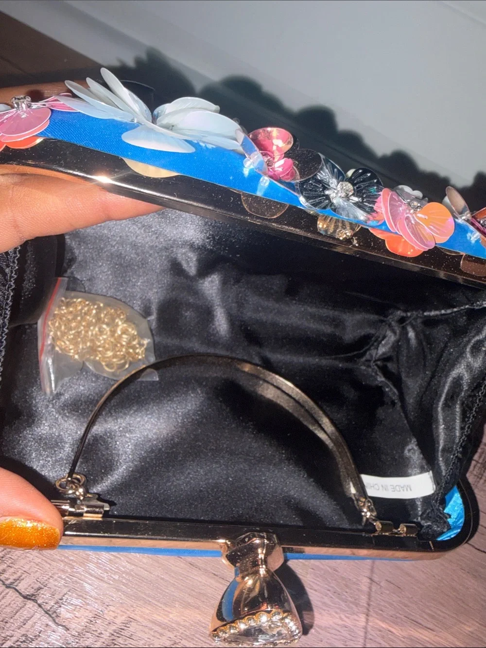 Embellished Floral Sequin Blue Evening Clutch